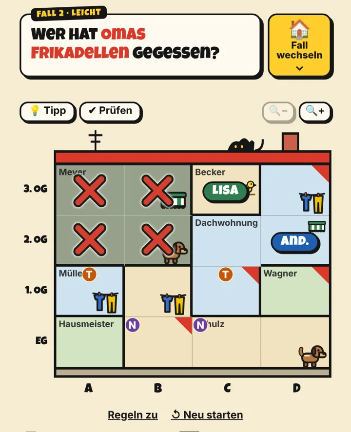 Spielfeld von Cross in a Box: ein Mietshaus mit markierten Zimmern