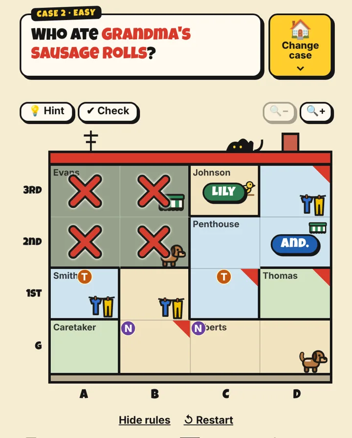 Cross in a Box board: a block of flats with rooms marked by the player
