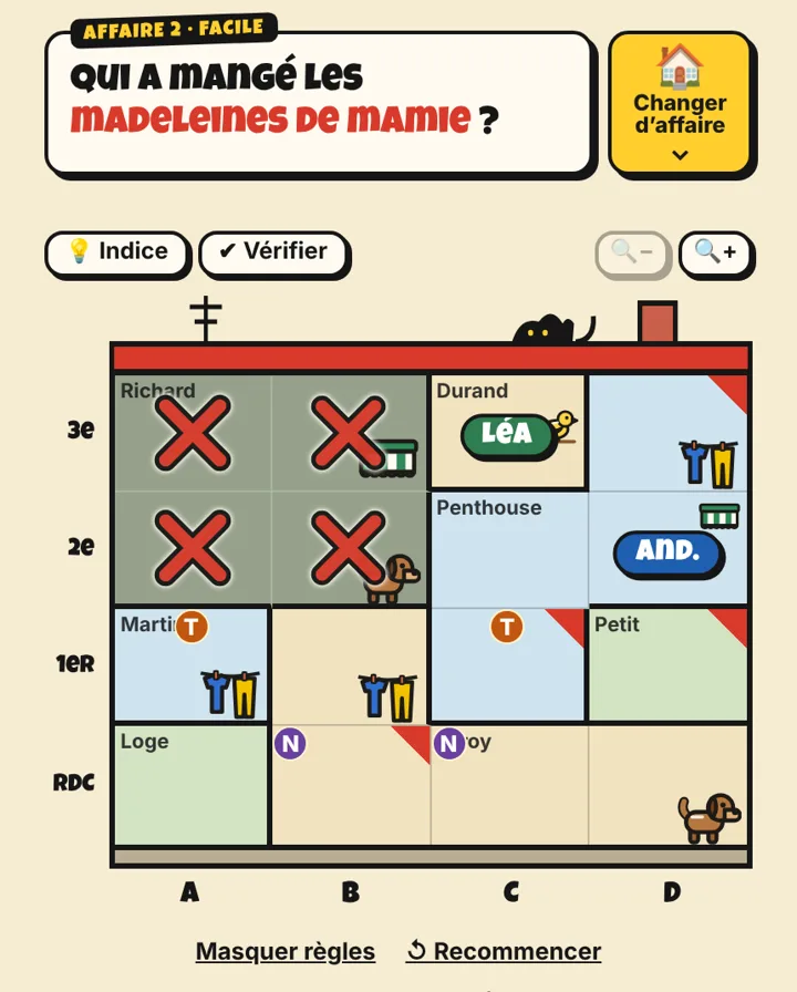 Plateau de Cross in a Box : un immeuble de voisins avec les pièces marquées