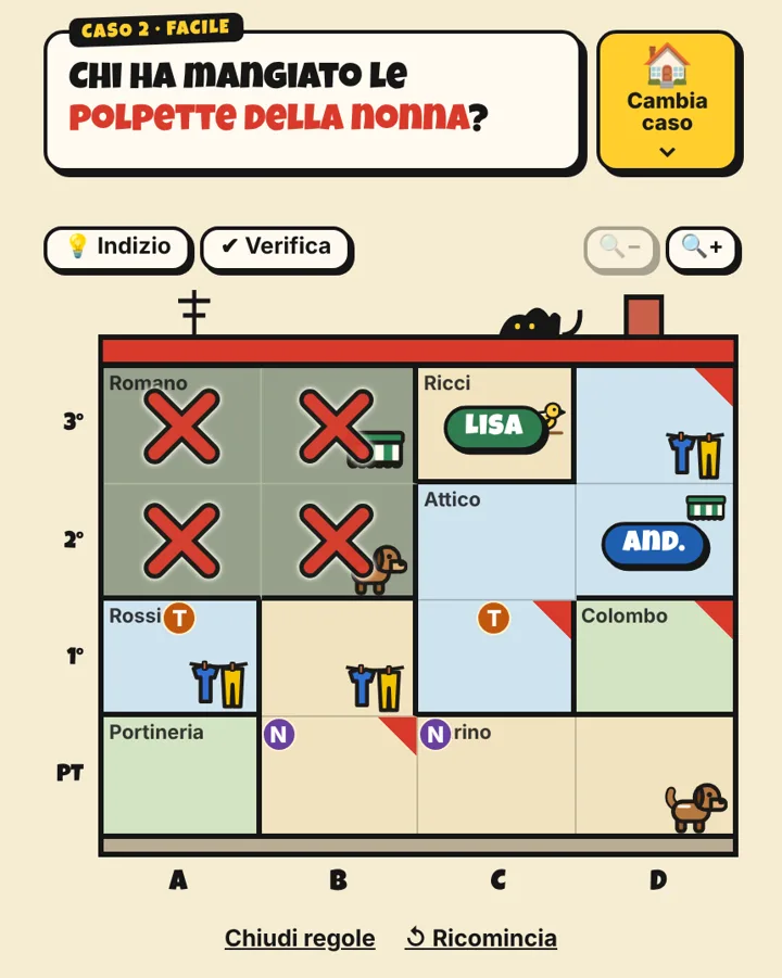 Tabellone di Cross in a Box: un condominio con le stanze segnate